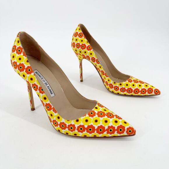 Manolo Blahnik Yellow Orange Floral Cotton BB Pointed Toe Stiletto Heels IT 37.5 - Picture 2 of 13